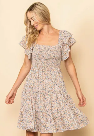 Tiny Floral Flutter Sleeves Smocking Dress-Cream