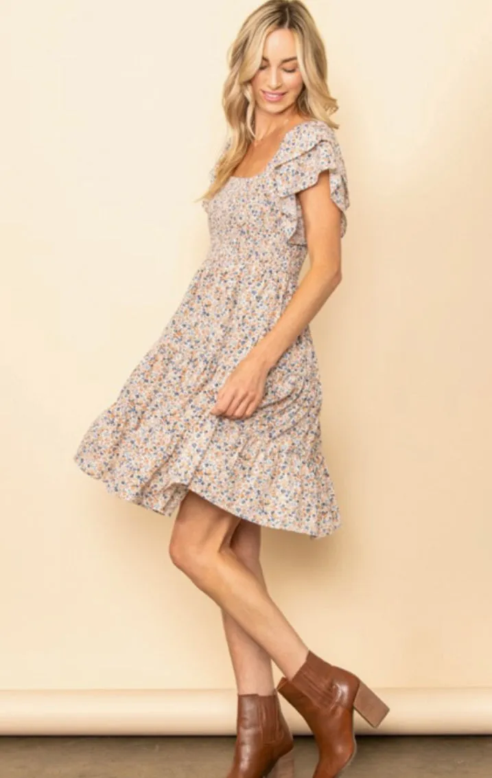 Tiny Floral Flutter Sleeves Smocking Dress-Cream