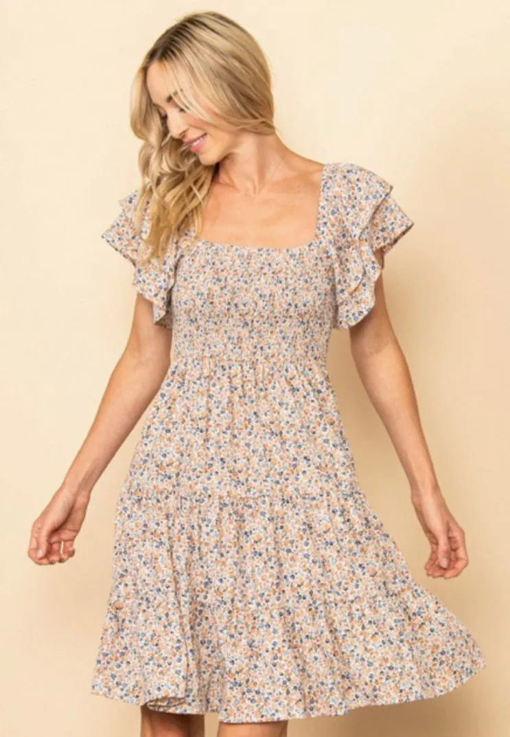 Tiny Floral Flutter Sleeves Smocking Dress-Cream