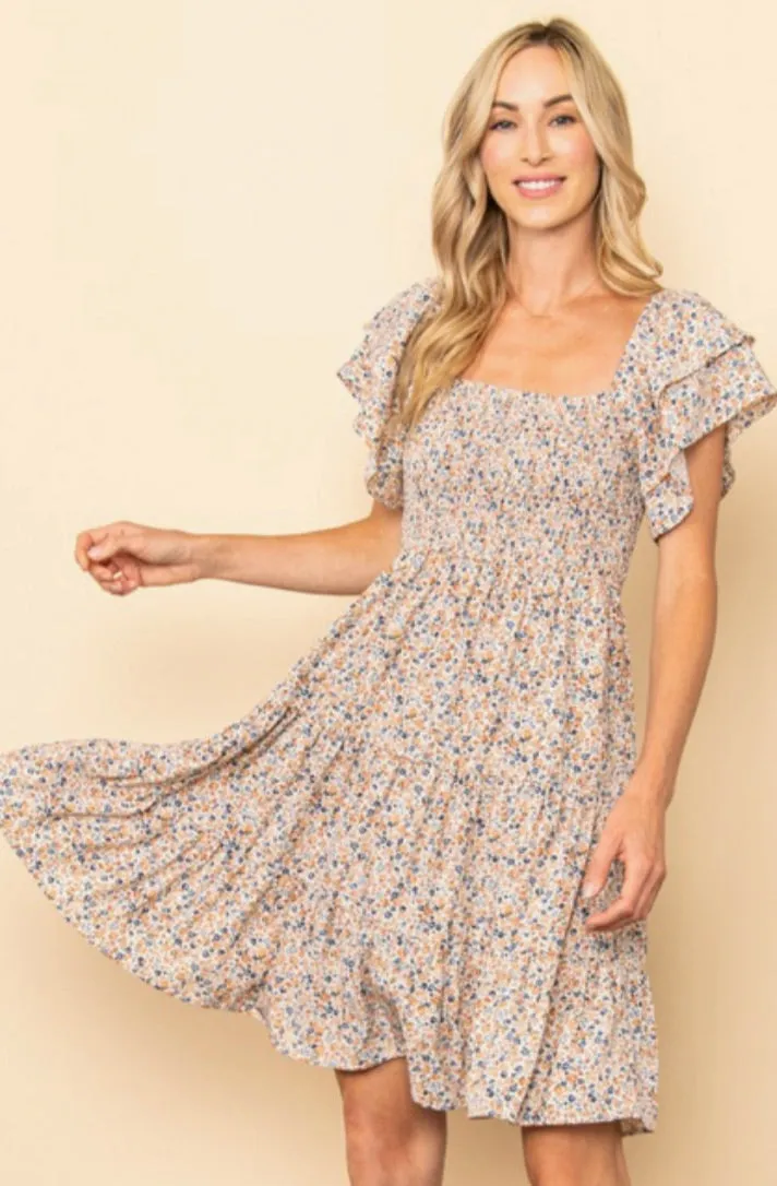Tiny Floral Flutter Sleeves Smocking Dress-Cream