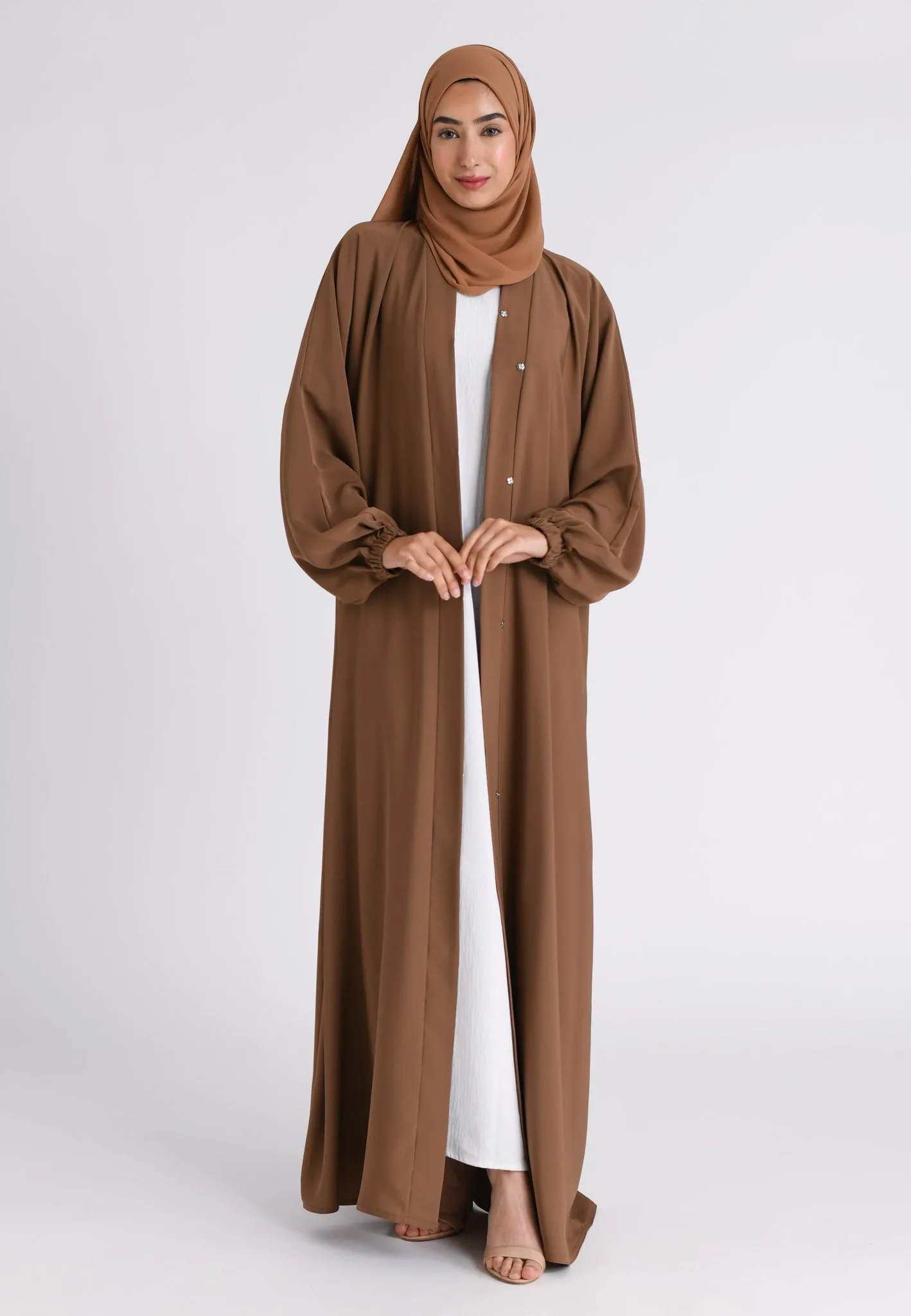 Toffee Plain Open Abaya With Elasticated Cuff Sleeves (Premium)