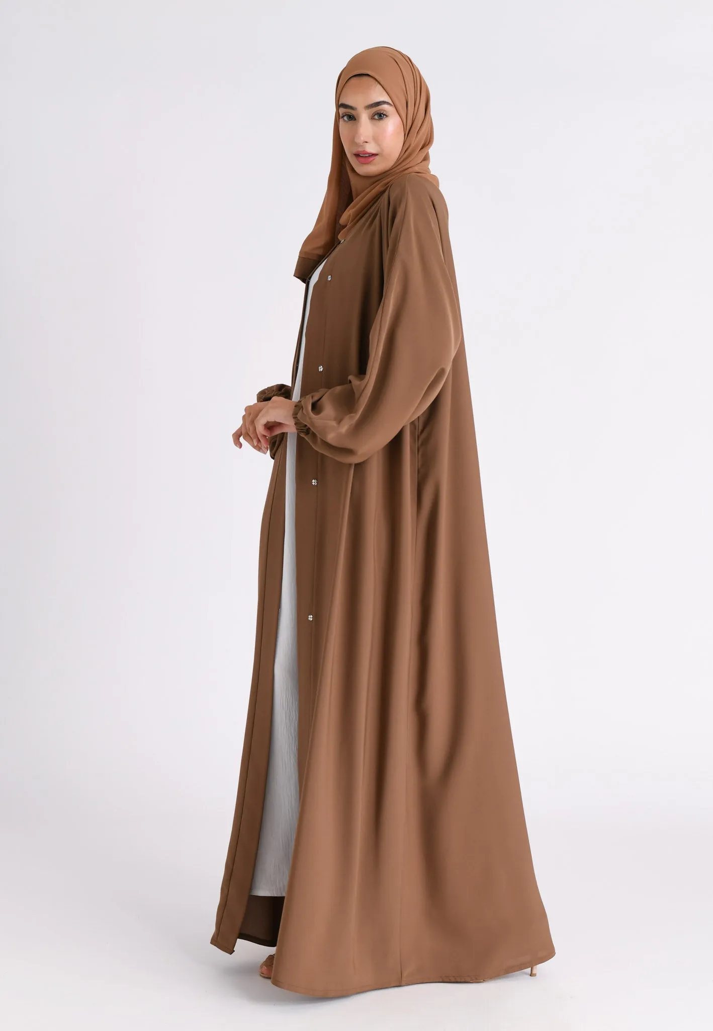 Toffee Plain Open Abaya With Elasticated Cuff Sleeves (Premium)
