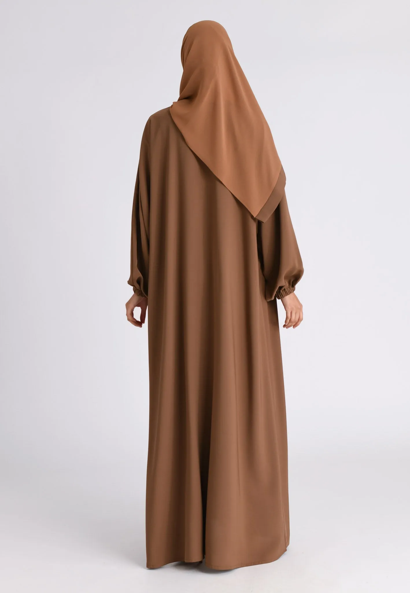 Toffee Plain Open Abaya With Elasticated Cuff Sleeves (Premium)
