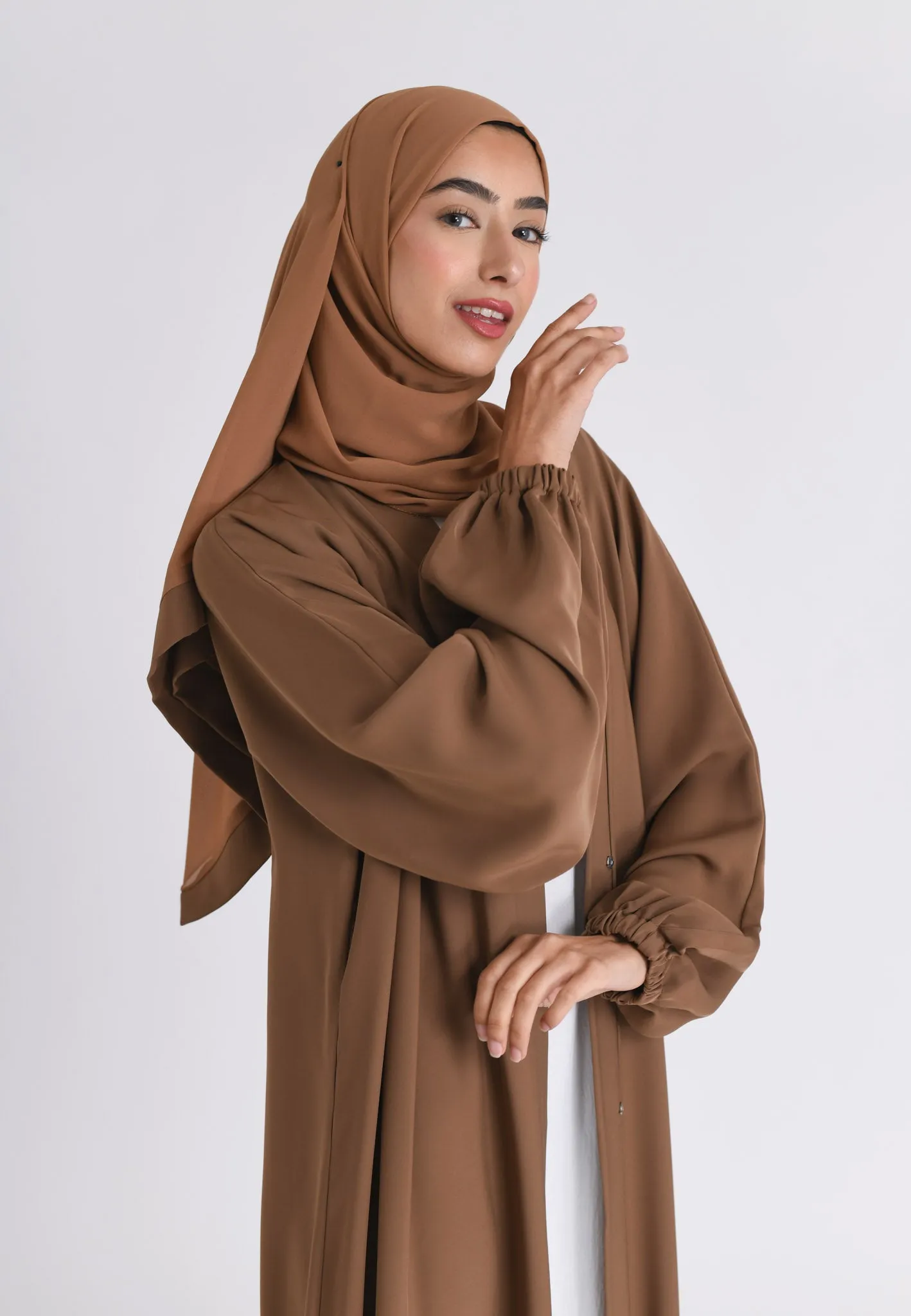 Toffee Plain Open Abaya With Elasticated Cuff Sleeves (Premium)