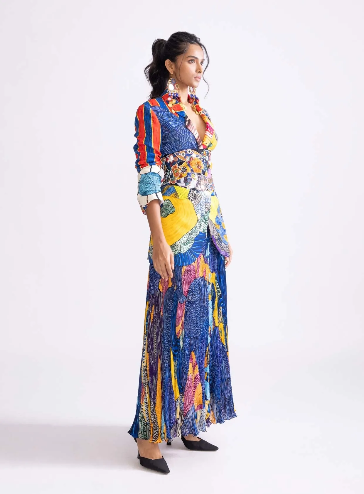 Tribal printed blazer, corset belt and skirt