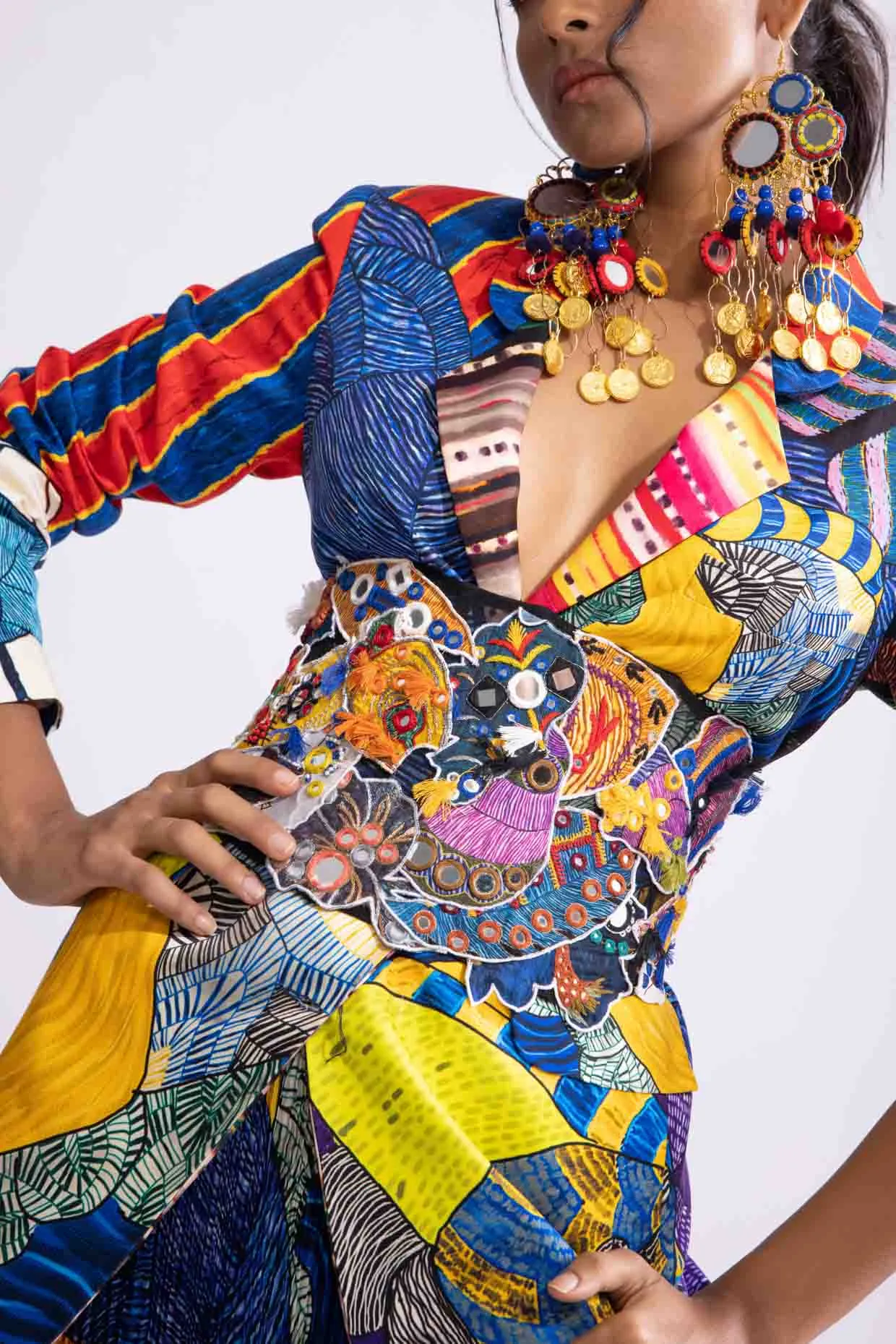 Tribal printed blazer, corset belt and skirt