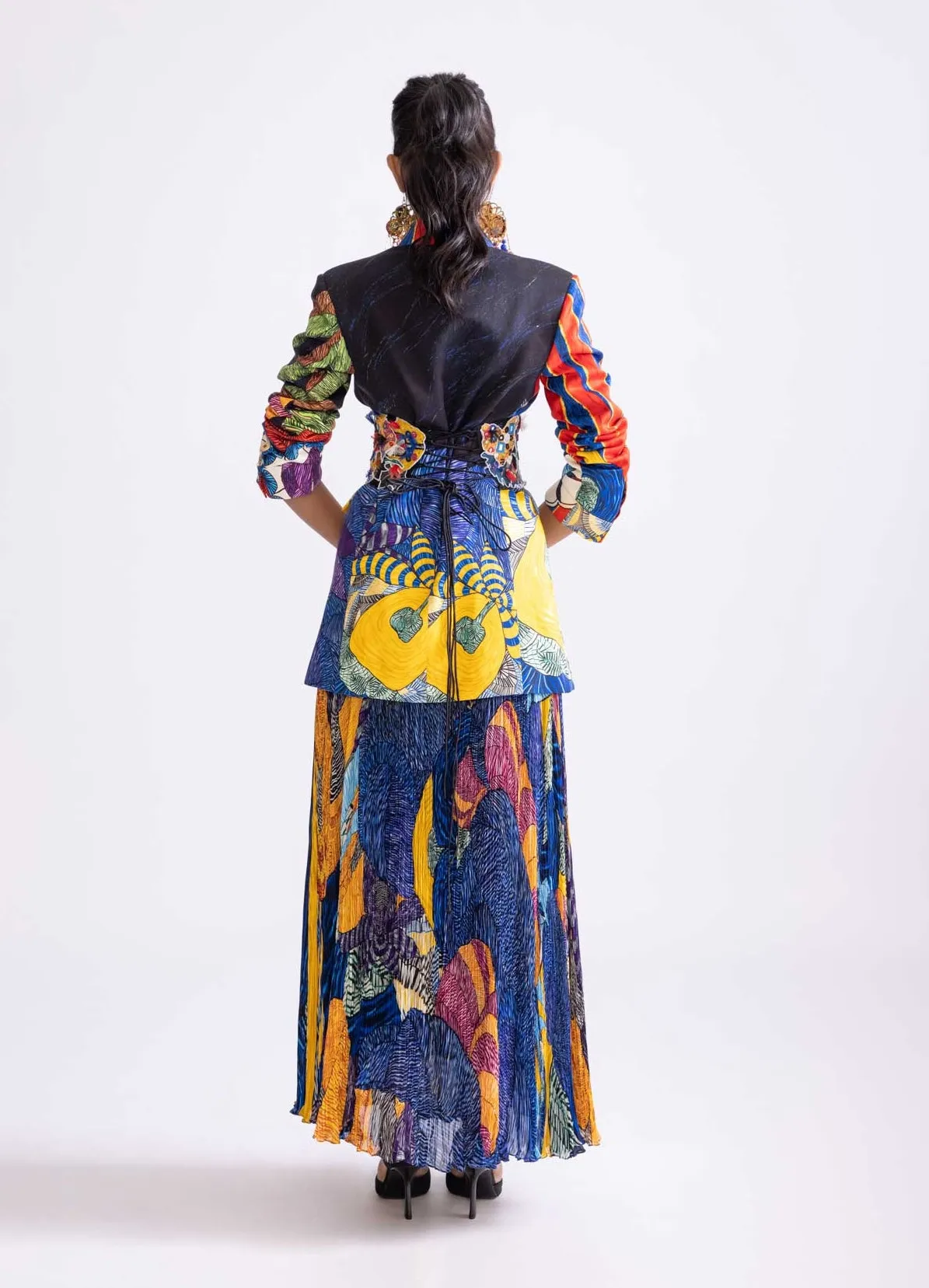 Tribal printed blazer, corset belt and skirt