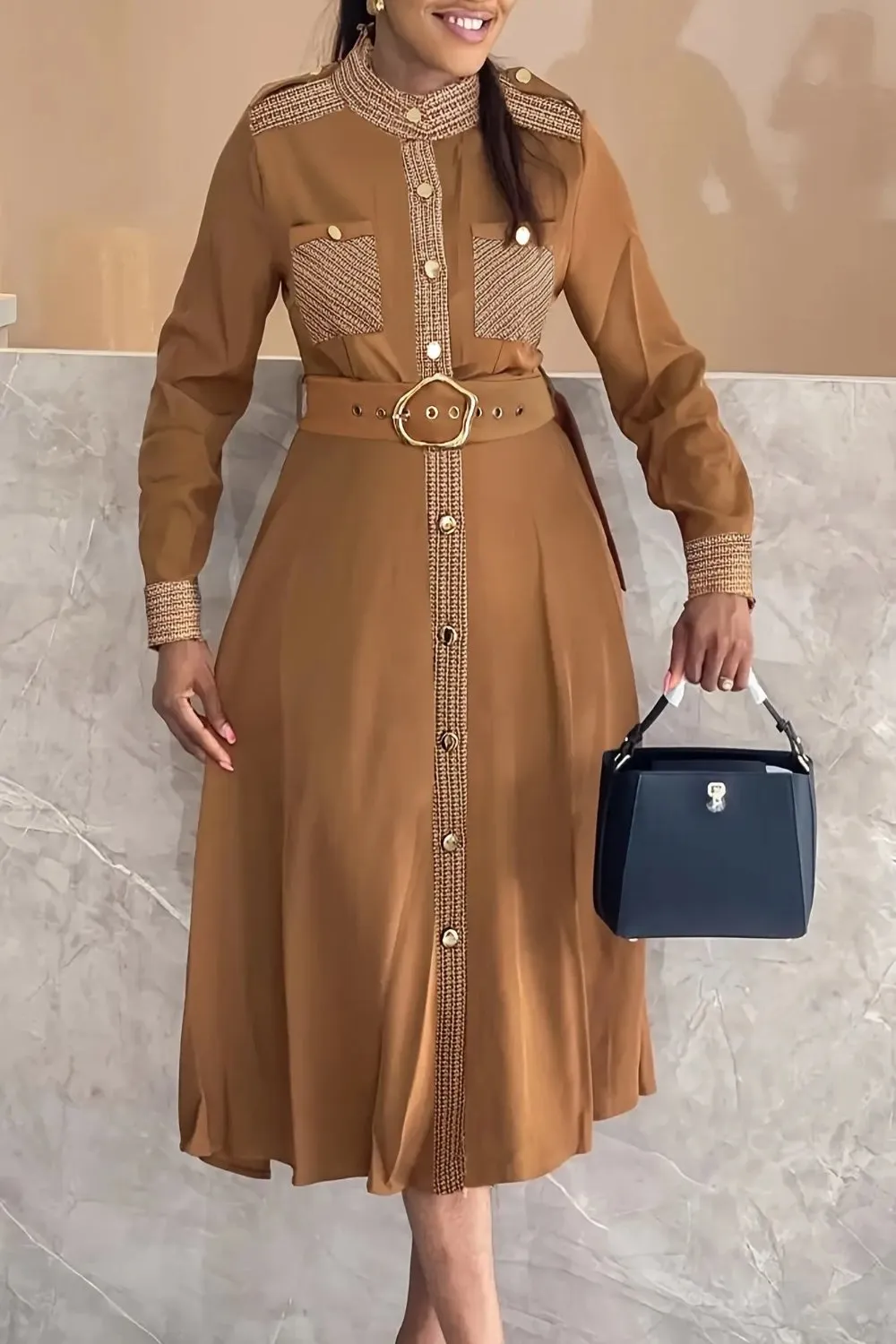 Trim Detailed Mock Neck Belted Midi Dress