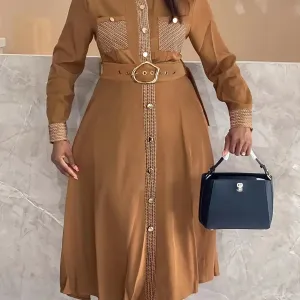Trim Detailed Mock Neck Belted Midi Dress