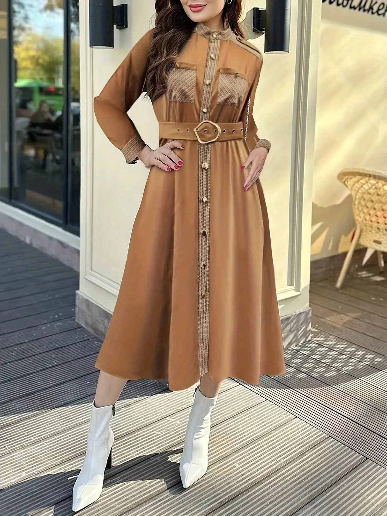 Trim Detailed Mock Neck Belted Midi Dress