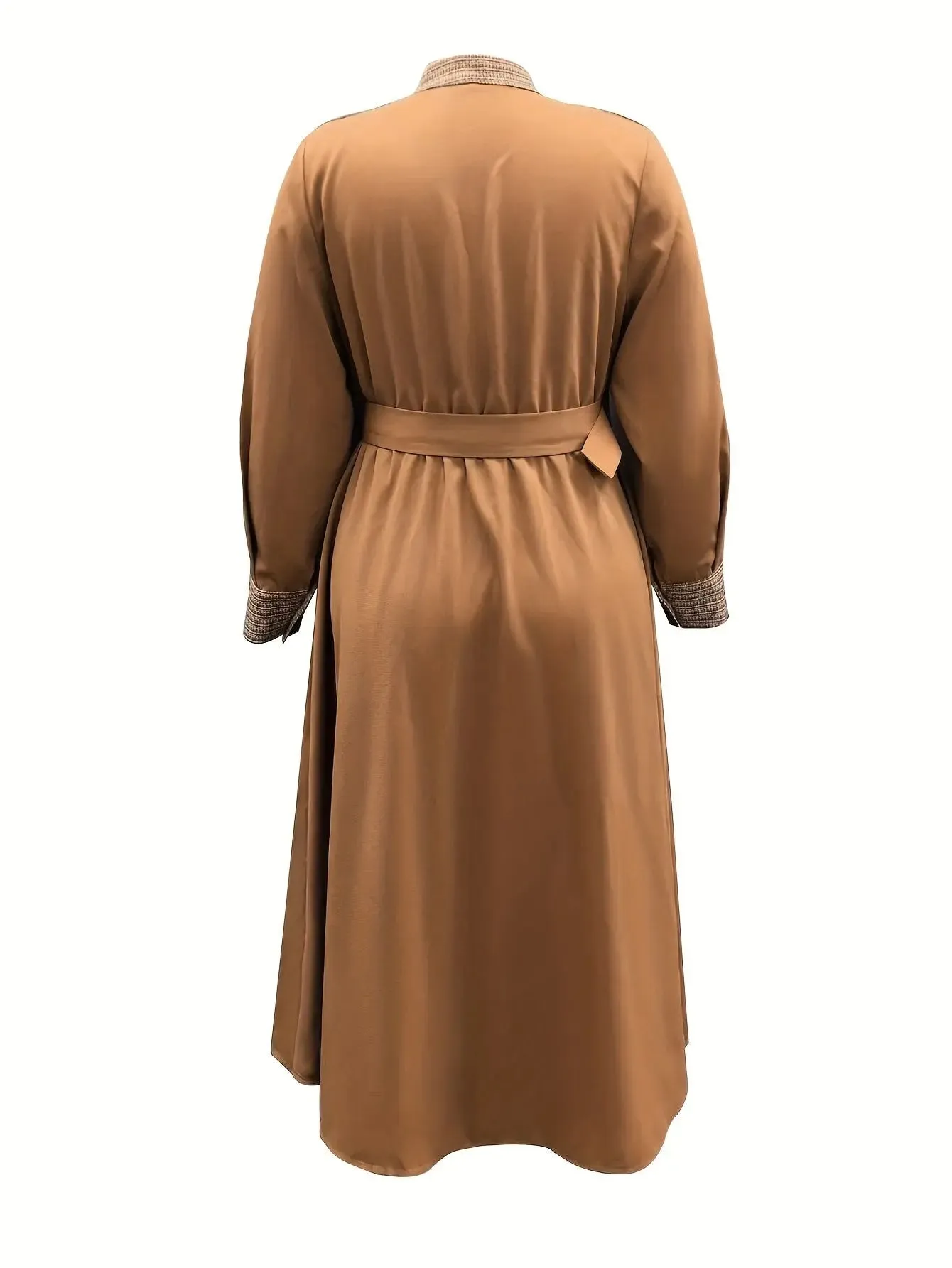 Trim Detailed Mock Neck Belted Midi Dress