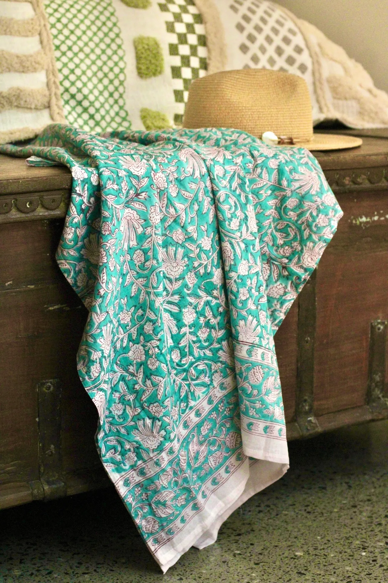 Turquoise Cotton Sarong – Hand-Block Printed