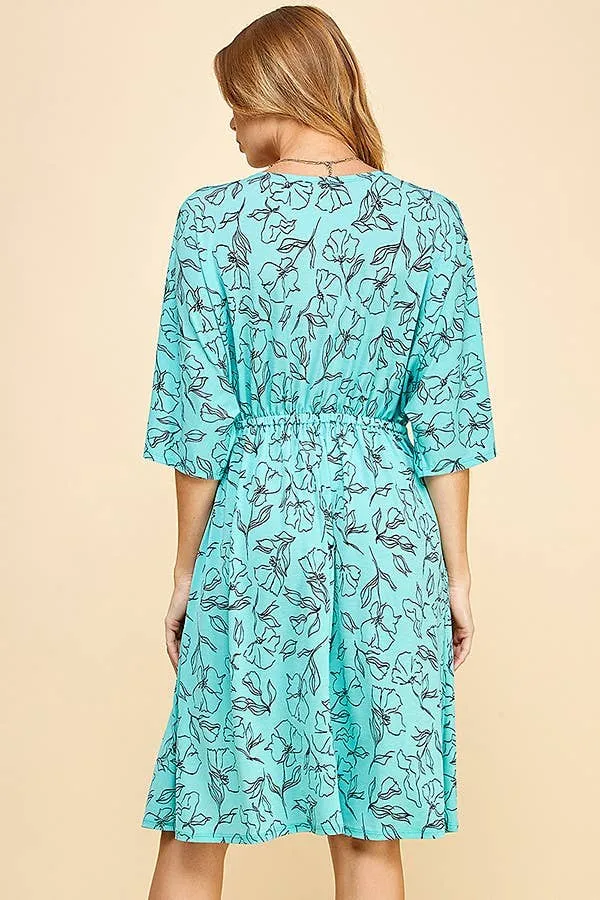 Turquoise Floral Dolman Sleeve Faux Wrap Short Dress