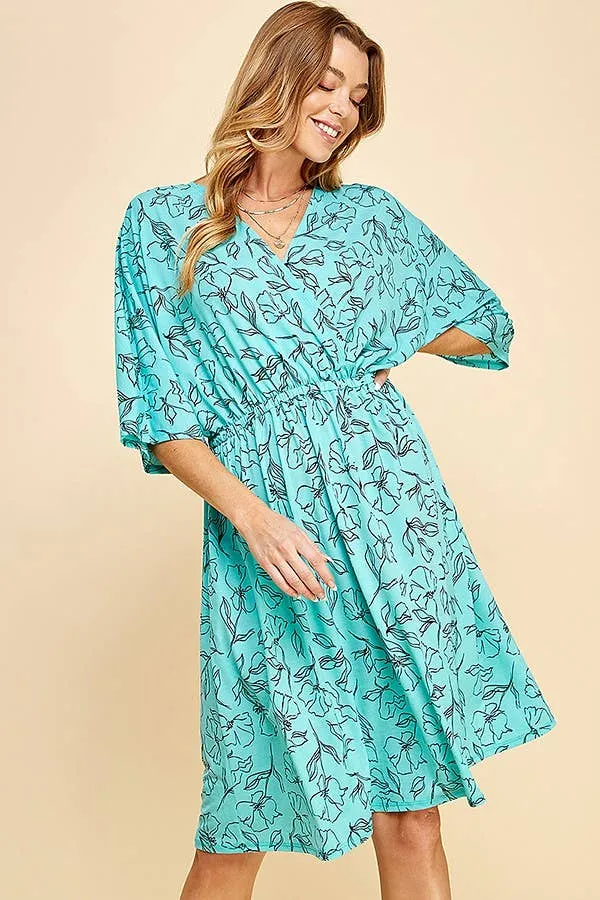Turquoise Floral Dolman Sleeve Faux Wrap Short Dress