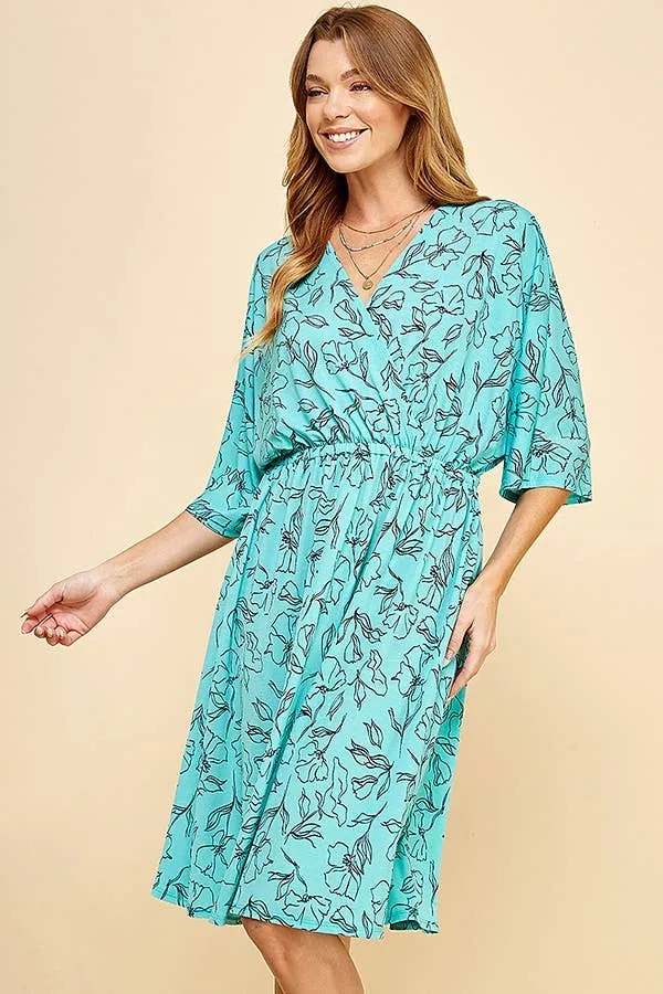 Turquoise Floral Dolman Sleeve Faux Wrap Short Dress
