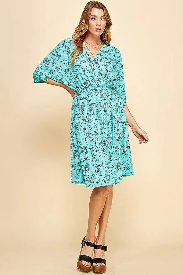 Turquoise Floral Dolman Sleeve Faux Wrap Short Dress