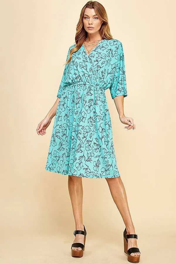 Turquoise Floral Dolman Sleeve Faux Wrap Short Dress