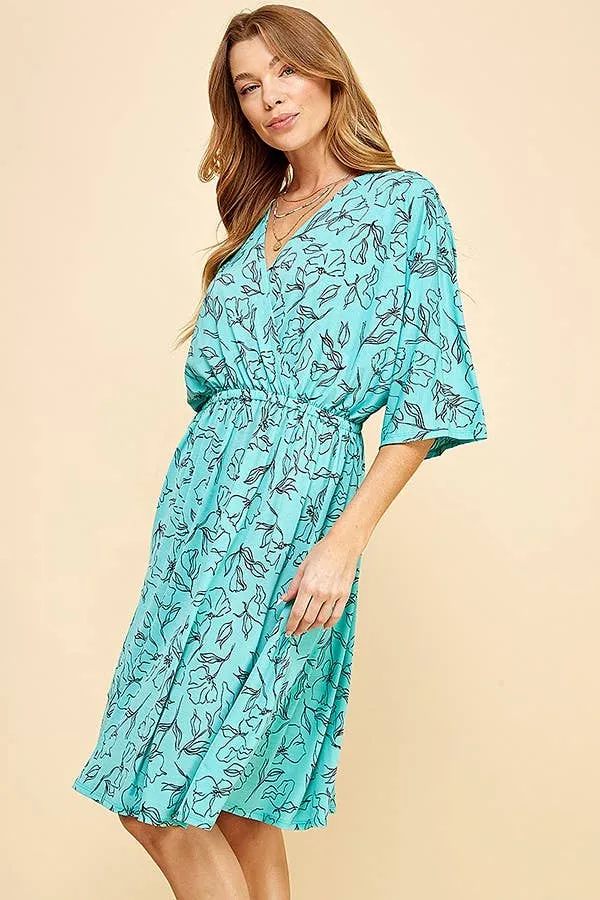 Turquoise Floral Dolman Sleeve Faux Wrap Short Dress