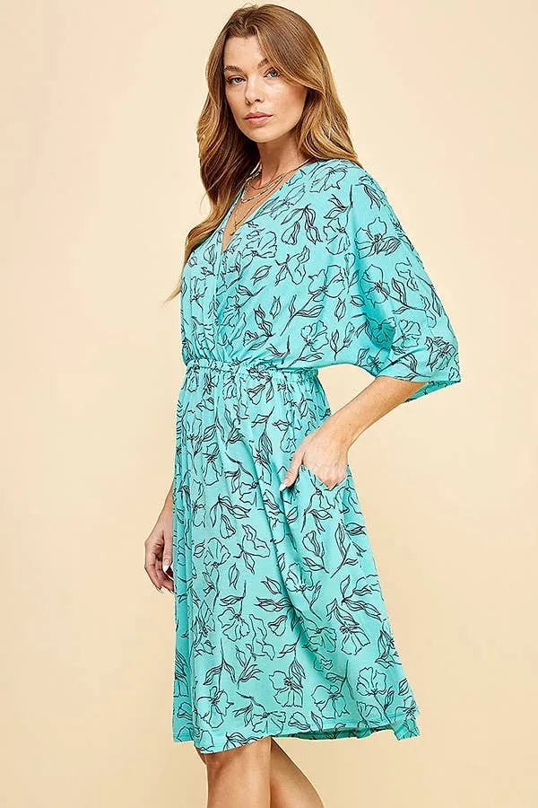 Turquoise Floral Dolman Sleeve Faux Wrap Short Dress