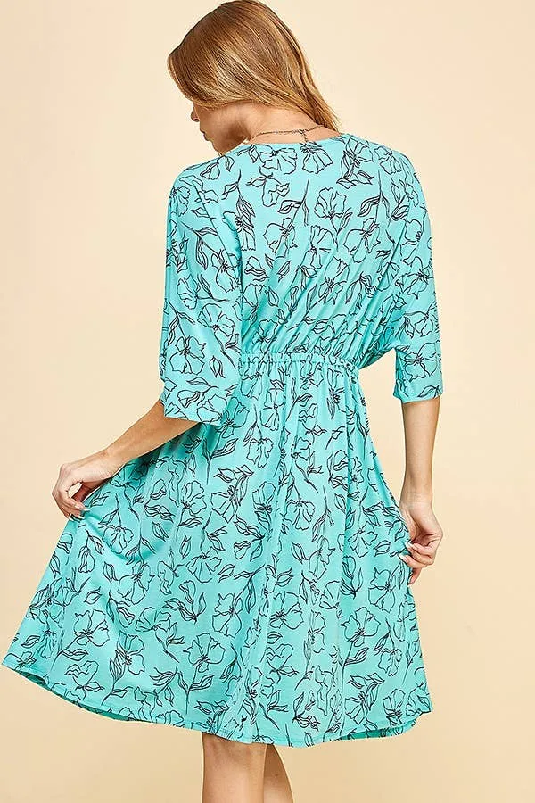 Turquoise Floral Dolman Sleeve Faux Wrap Short Dress