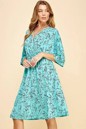 Turquoise Floral Dolman Sleeve Faux Wrap Short Dress