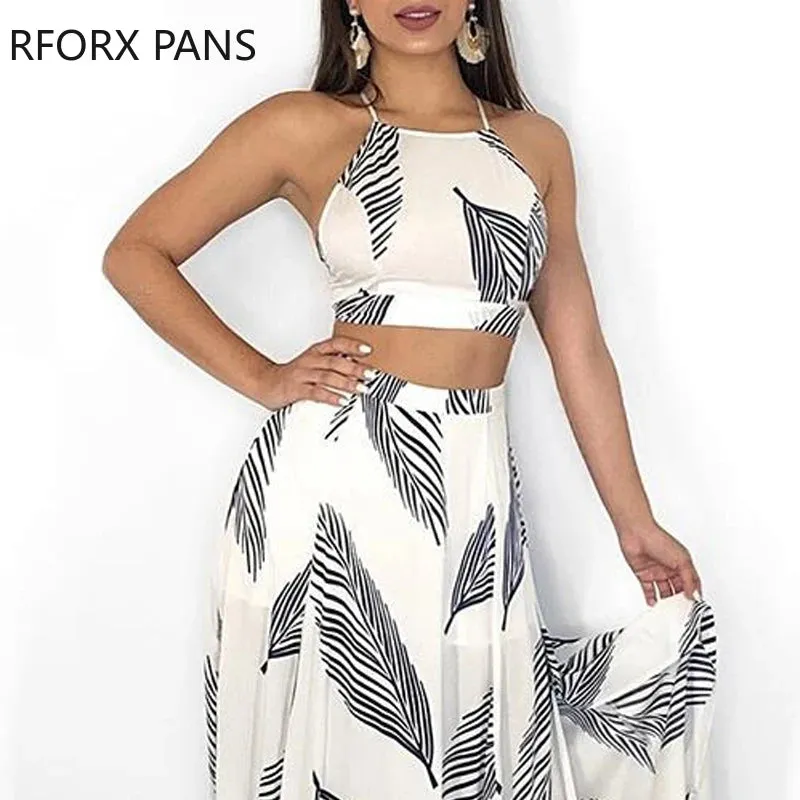 Two Pieces Leaf Print Backless Cami Top & Split Maxi Dress
