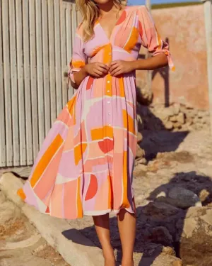 V-neck Single-breasted Floral Elastic Waist Midi Dresses