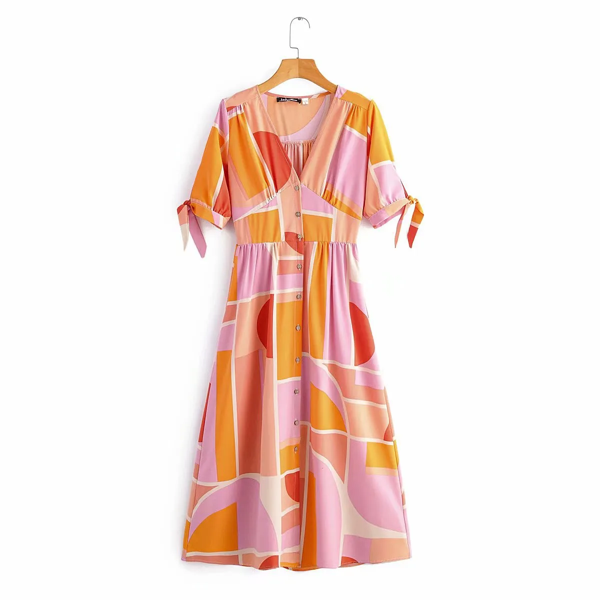 V-neck Single-breasted Floral Elastic Waist Midi Dresses