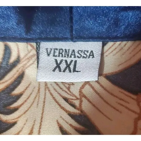 Vernassa Size XXL Blue Gold Satiny Scroll Print Pockets Long Soft Wrap Robe