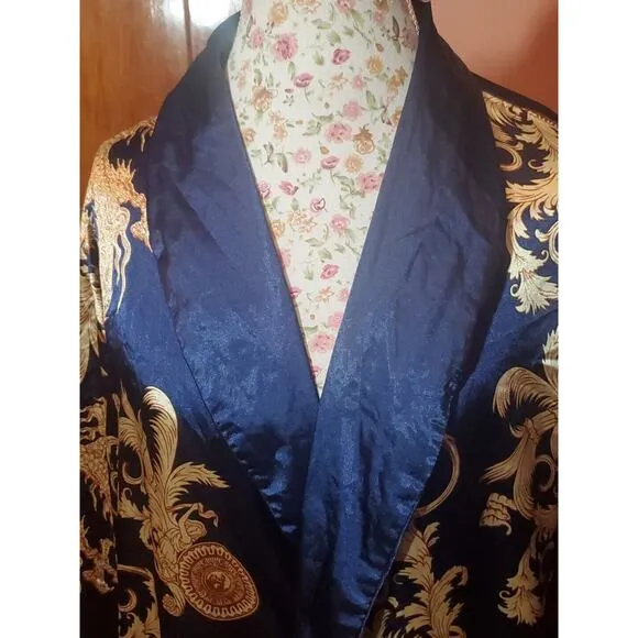Vernassa Size XXL Blue Gold Satiny Scroll Print Pockets Long Soft Wrap Robe