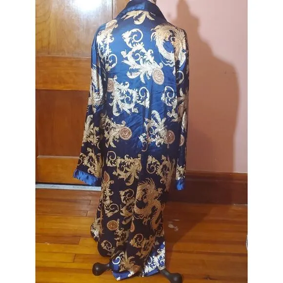 Vernassa Size XXL Blue Gold Satiny Scroll Print Pockets Long Soft Wrap Robe