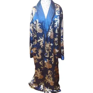 Vernassa Size XXL Blue Gold Satiny Scroll Print Pockets Long Soft Wrap Robe