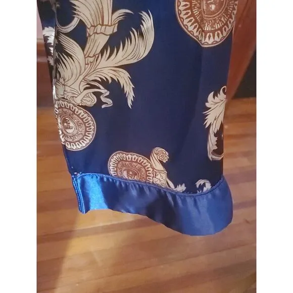 Vernassa Size XXL Blue Gold Satiny Scroll Print Pockets Long Soft Wrap Robe