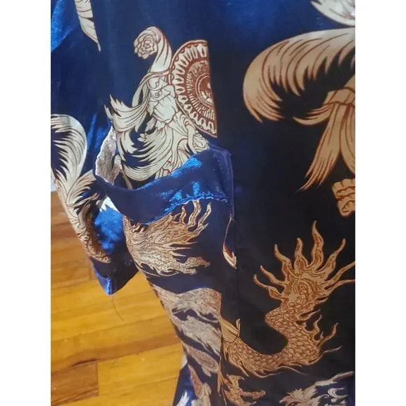 Vernassa Size XXL Blue Gold Satiny Scroll Print Pockets Long Soft Wrap Robe