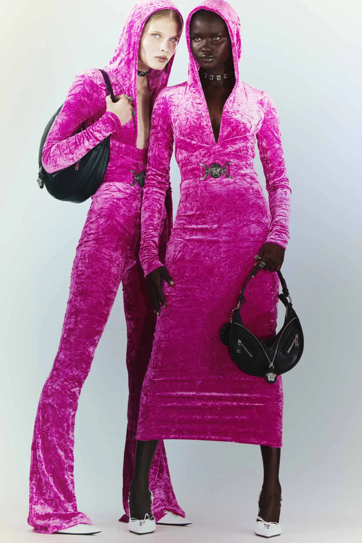 VERSACE- NWT 2023 Fuchsia Crushed Velvet Hoodie Dress, Size-2