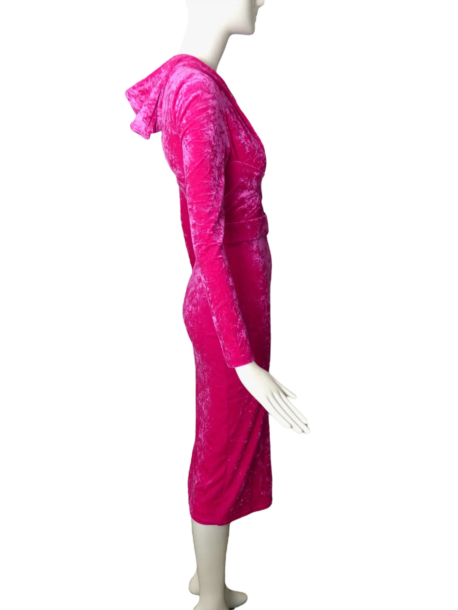 VERSACE- NWT 2023 Fuchsia Crushed Velvet Hoodie Dress, Size-2