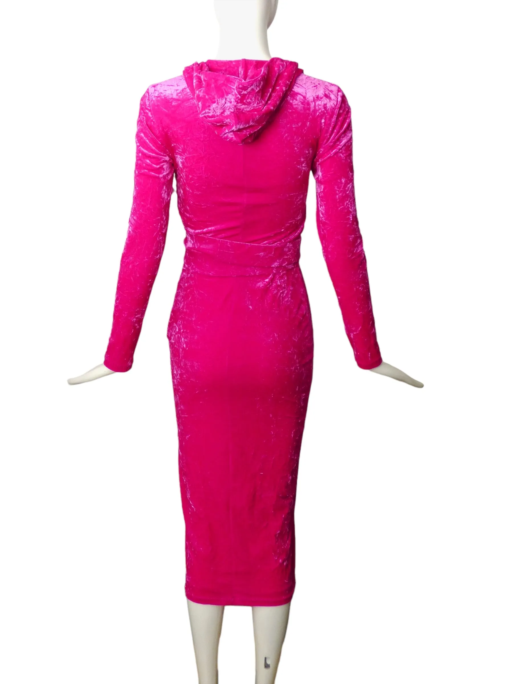 VERSACE- NWT 2023 Fuchsia Crushed Velvet Hoodie Dress, Size-2