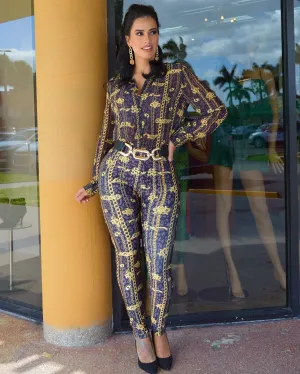 Versus Black and Gold Chain Print Pants Set