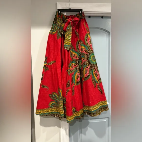 Vibrant Red Floral Maxi Skirt – worn once