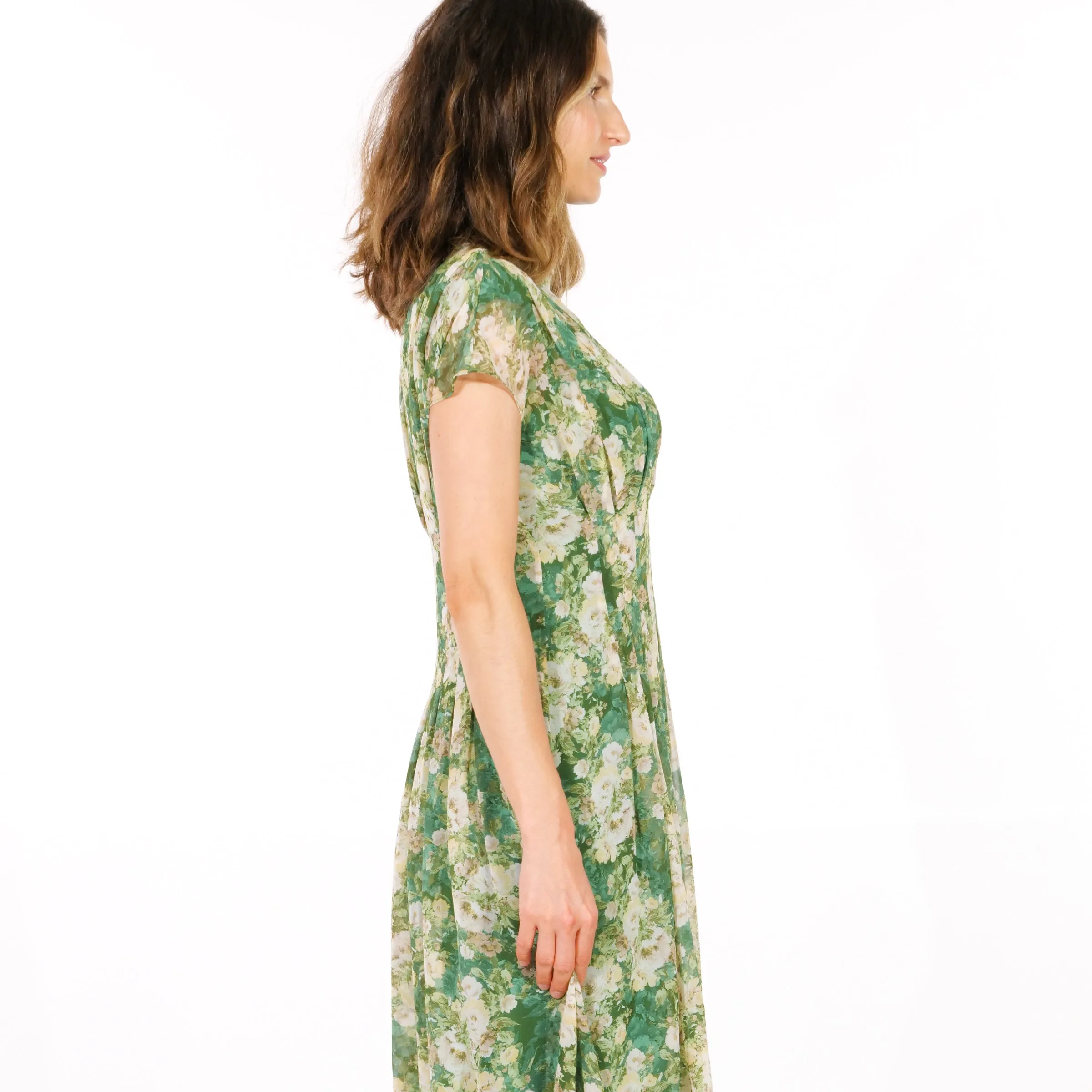 Vintage Botanical Flutter Sleeve Midi Dress