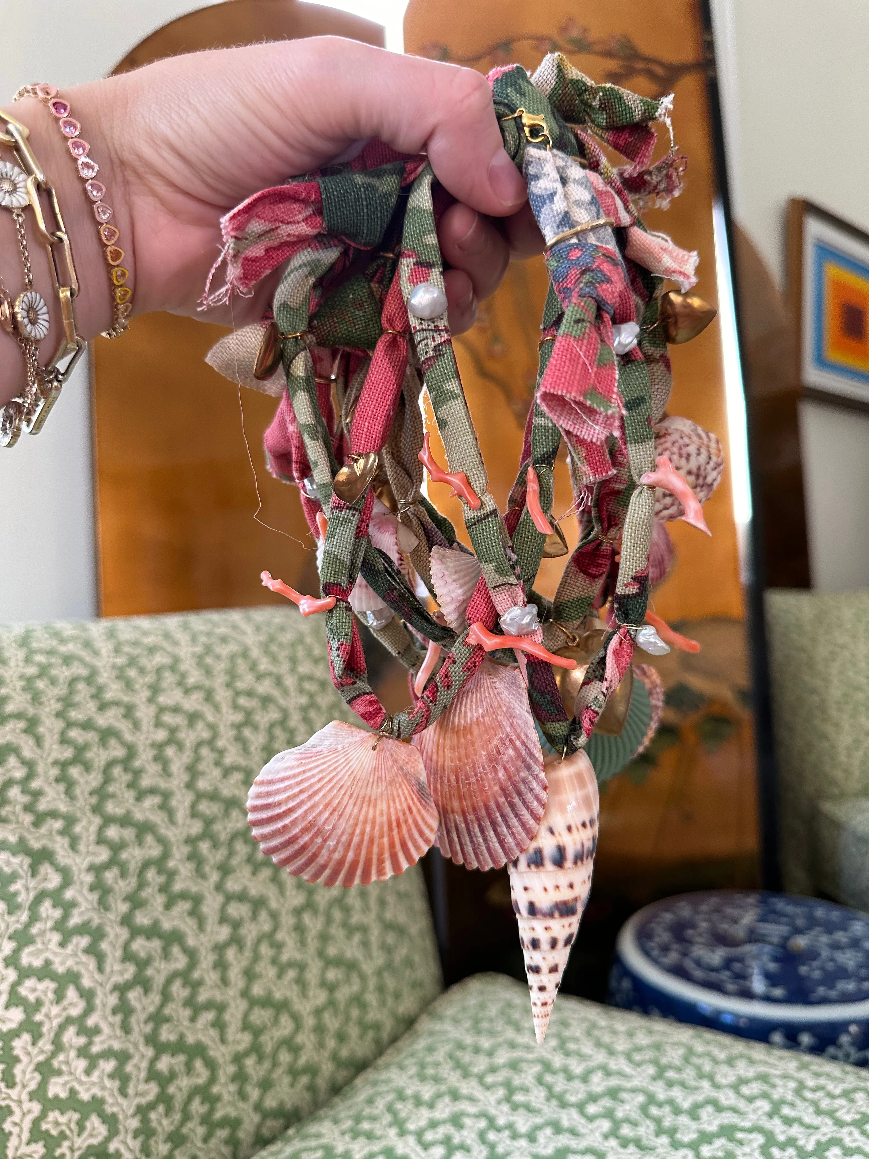 Vintage Floral Chintz Fabric Charm Necklace