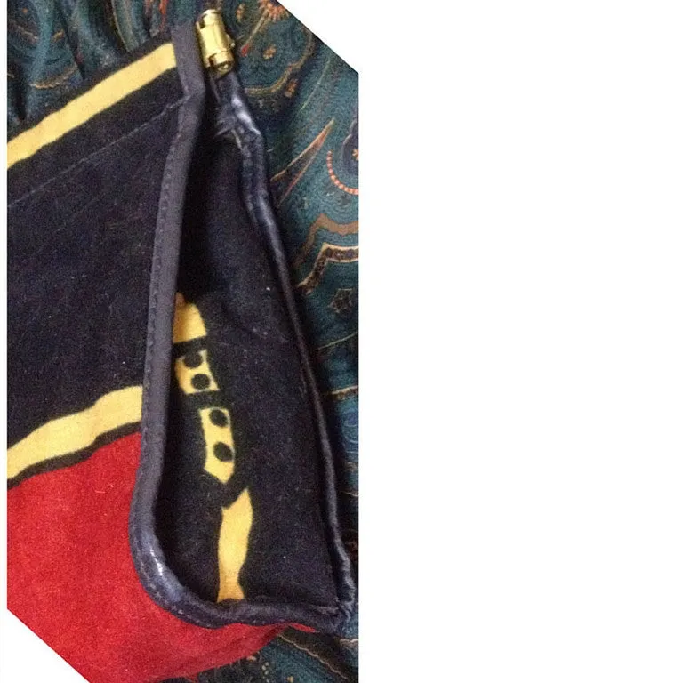 Vintage Roberta di Camerino, Ambassador, red, navy, and beige velvet clutch purse, makeup, cosmetic pouch with golden logo motif.