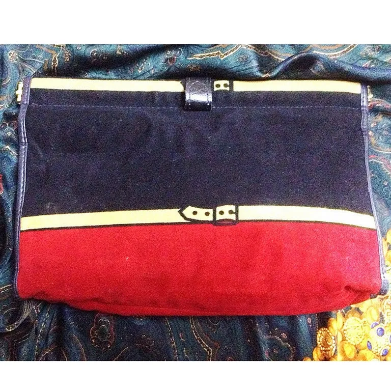 Vintage Roberta di Camerino, Ambassador, red, navy, and beige velvet clutch purse, makeup, cosmetic pouch with golden logo motif.