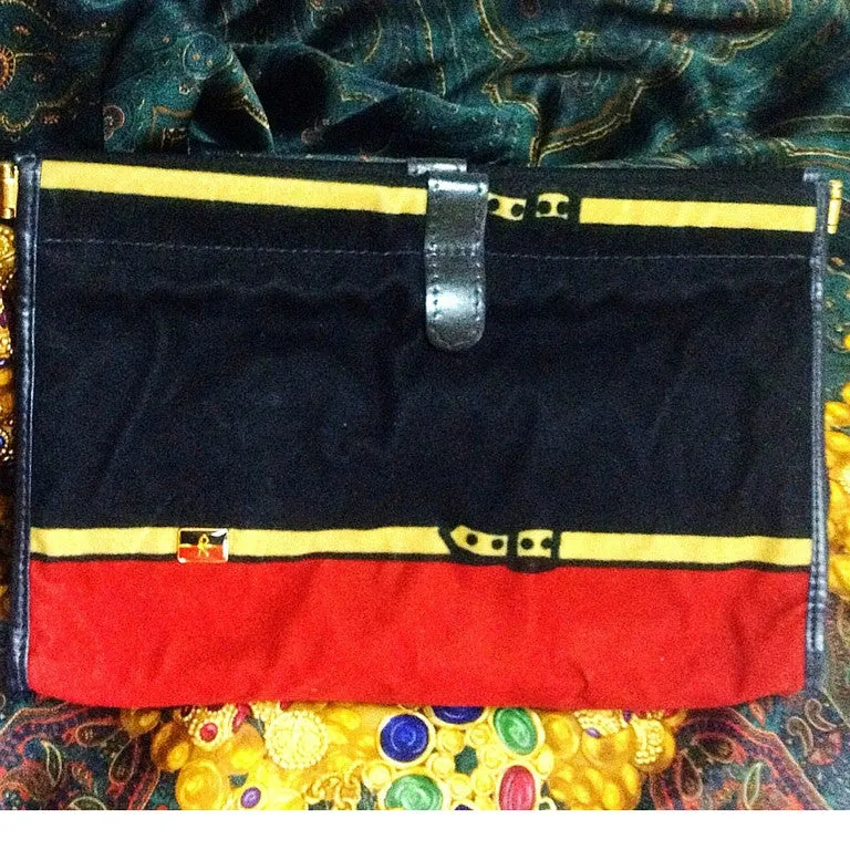 Vintage Roberta di Camerino, Ambassador, red, navy, and beige velvet clutch purse, makeup, cosmetic pouch with golden logo motif.