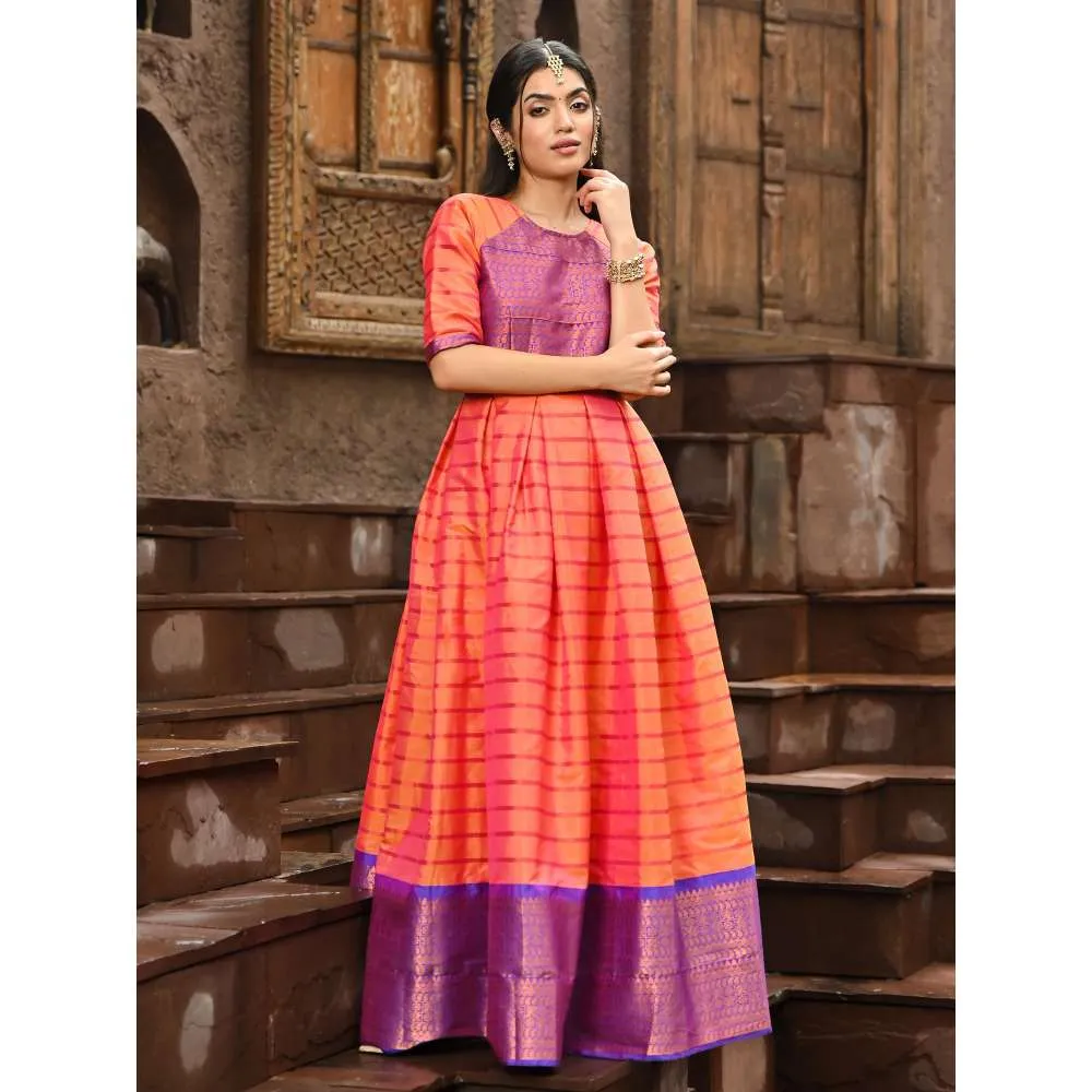 Vinya Orange Silk Fit and Flare Dress