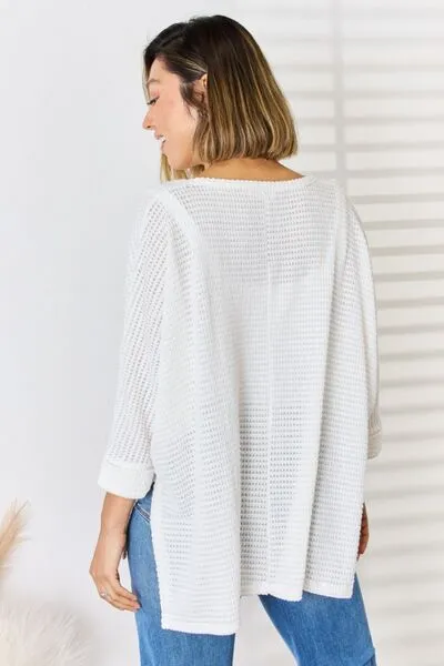 Waffle Knit V-Neck Long Sleeve Slit Top