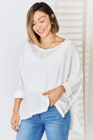 Waffle Knit V-Neck Long Sleeve Slit Top