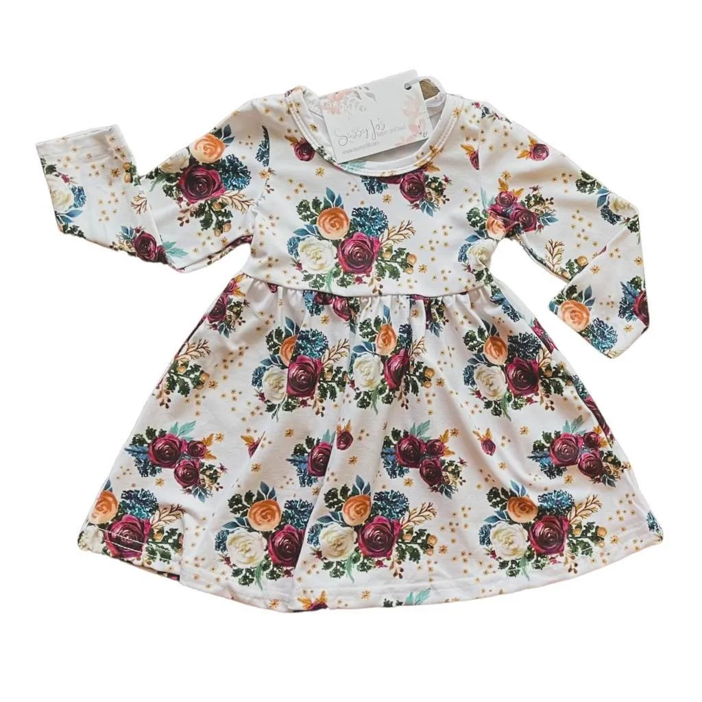 White Floral Long-Sleeved Dress