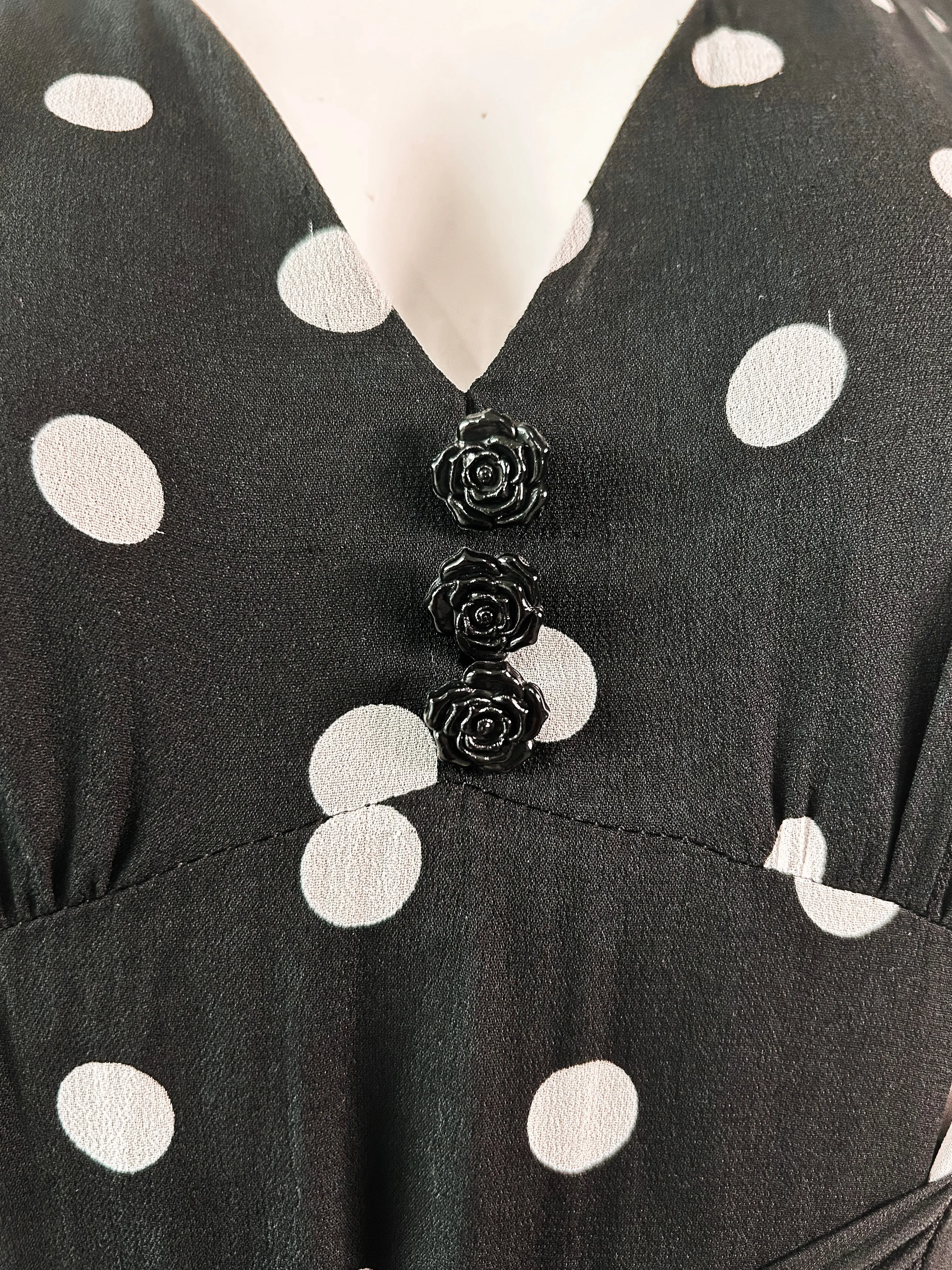 White Polka Dot Black Dress With Blackrose Button