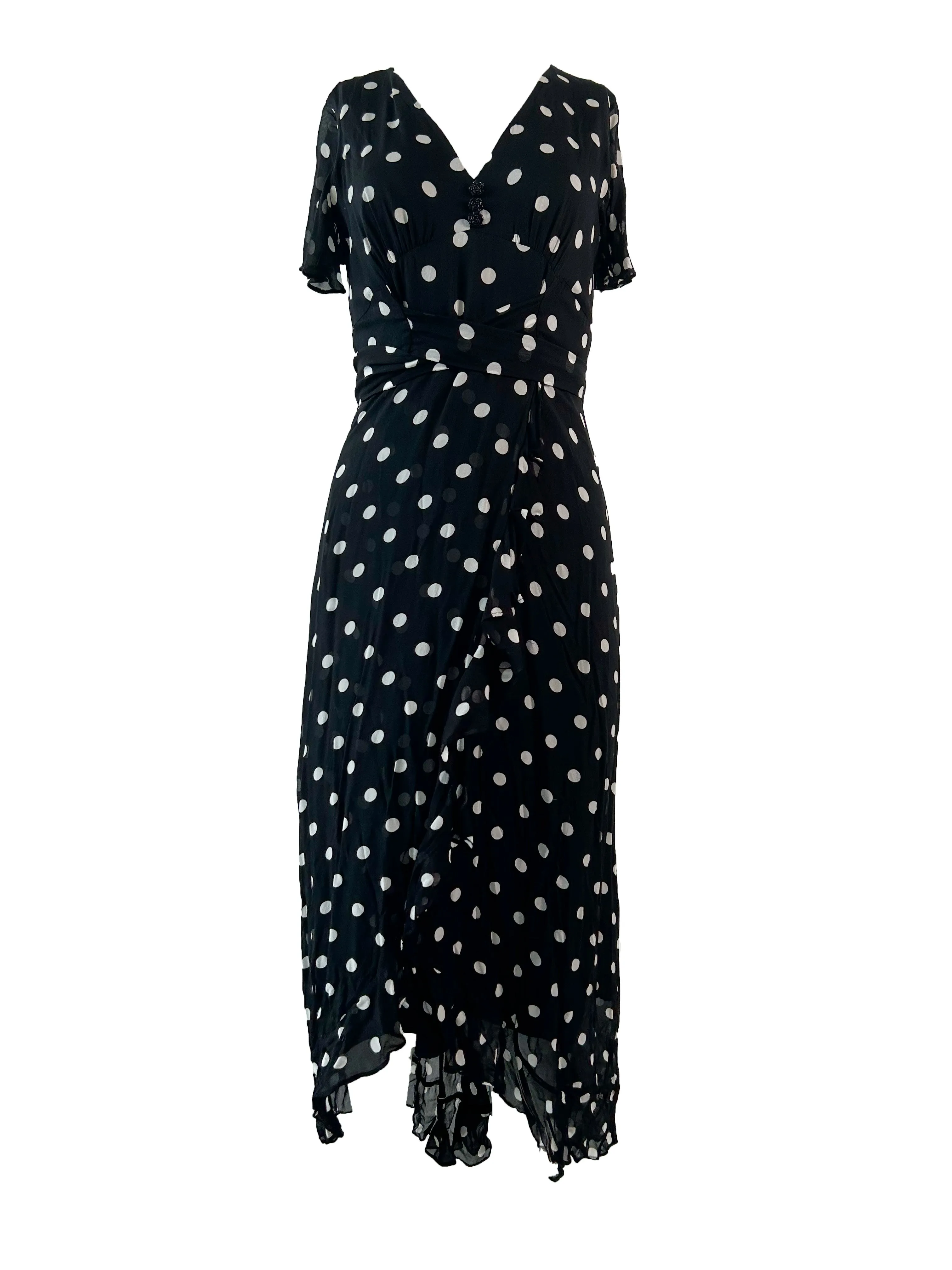 White Polka Dot Black Dress With Blackrose Button